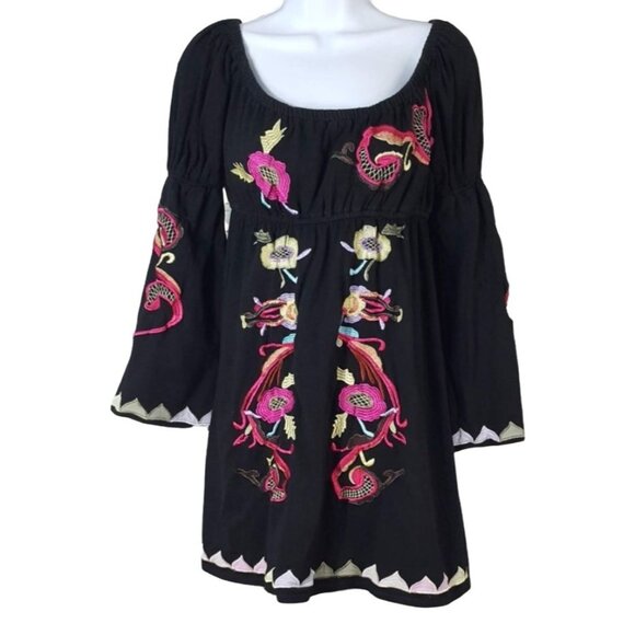 VaVa by Joy Han Mini Shift Dress Black Small Bishop Sleeve Boho Embroider Floral - Picture 1 of 7